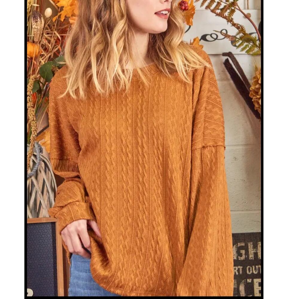New P.S. Kate Textured Sweater Knit Top Long Sleeve Stretch Brown Size 3X